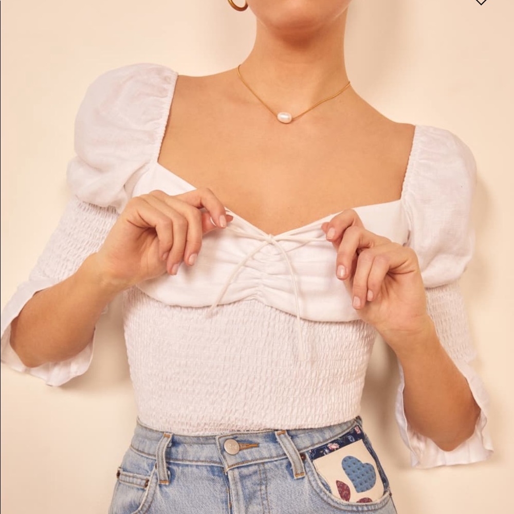 Reformation linen puff sleeve smocked top